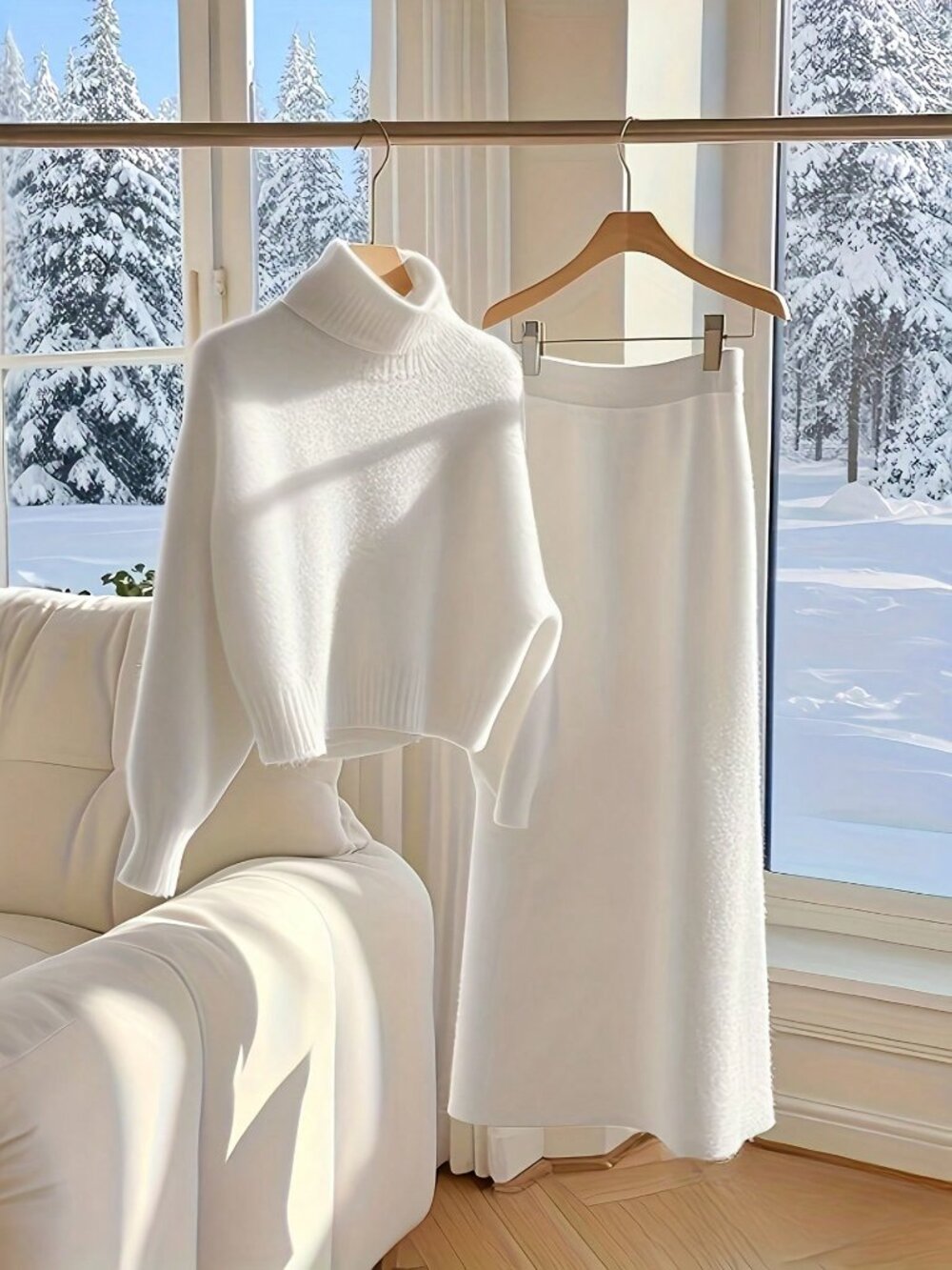 cream Casual Women's Knitted High Neck Maxi Sweater and Skirt 2 piece coord Set
